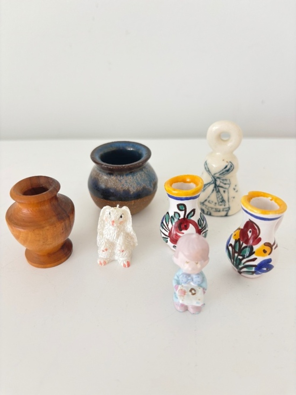 VINTAGE SET OF 7 Miniatures assorted vases Delftware bell Precious Moments bunny